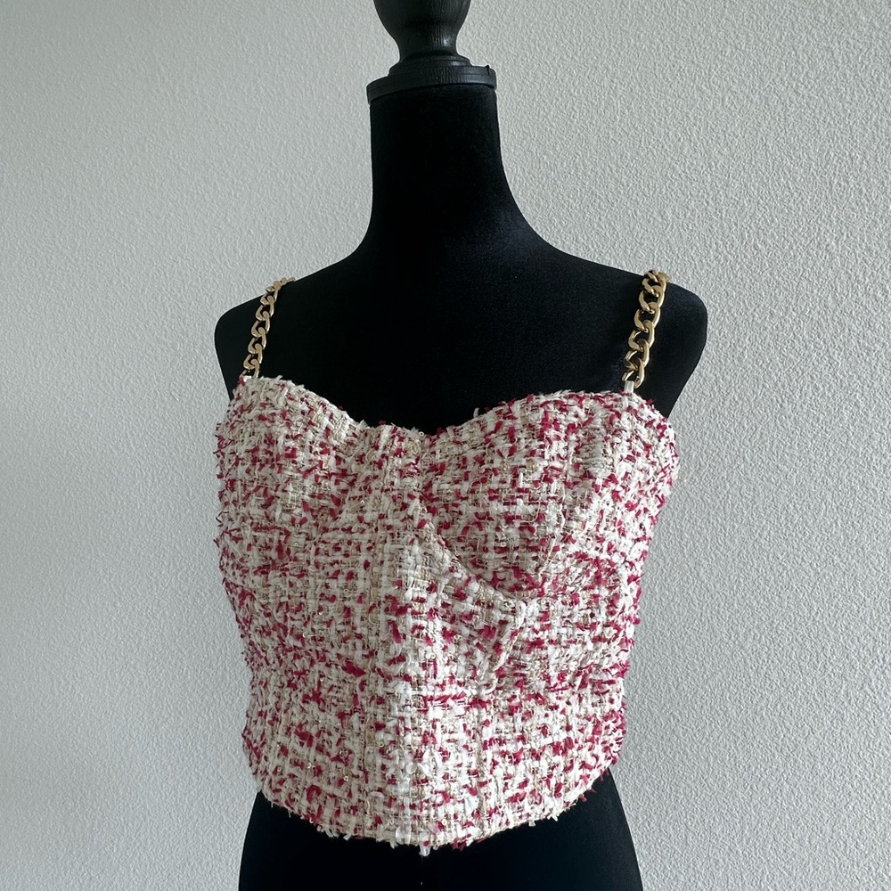 Alice & Olivia Tweed Top with Gold Straps